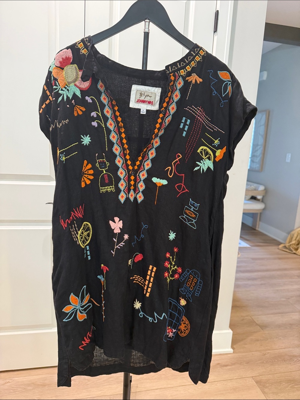Johnny Was Black Embroidered Midi Dress with Multicolor Motifs